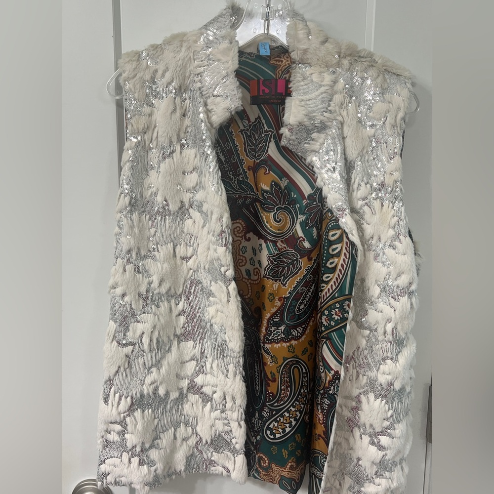 ISLE Silver & White Sequin Faux Fur Vest